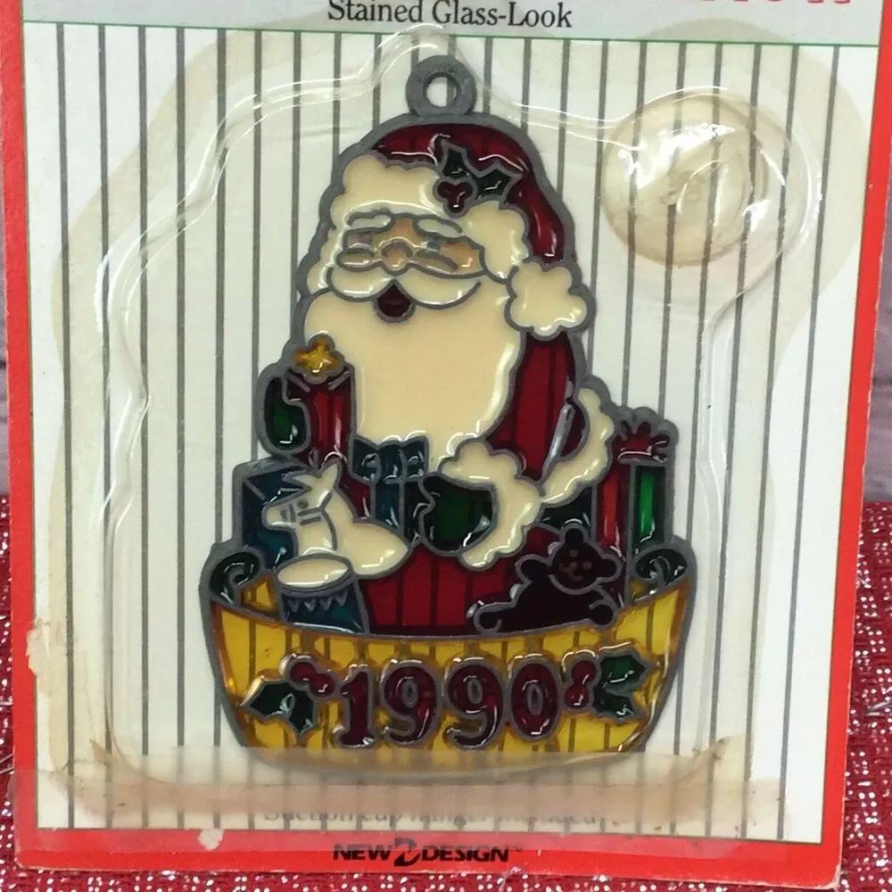 Vintage Christmas Santa Stained Glass Look Sun Catchers 1990's Collectible Decor